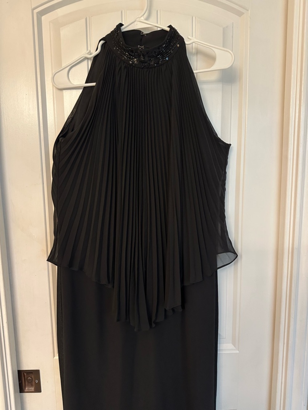 Patra Black Pleated Evening Dress with Beaded Neckline and chiffon overlay